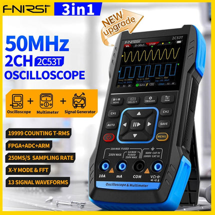 FNIRSI 2C53T Upgrade (3 - in - 1) 2 - ch Oscilloscope (50 MHz) + Multimeter + Signal Generator - Elektor