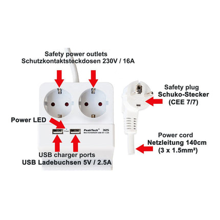 PeakTech 3125 Power Strip with 2 x 230 V Safety Sockets and 2 x USB Charger with 2.5 A - Elektor